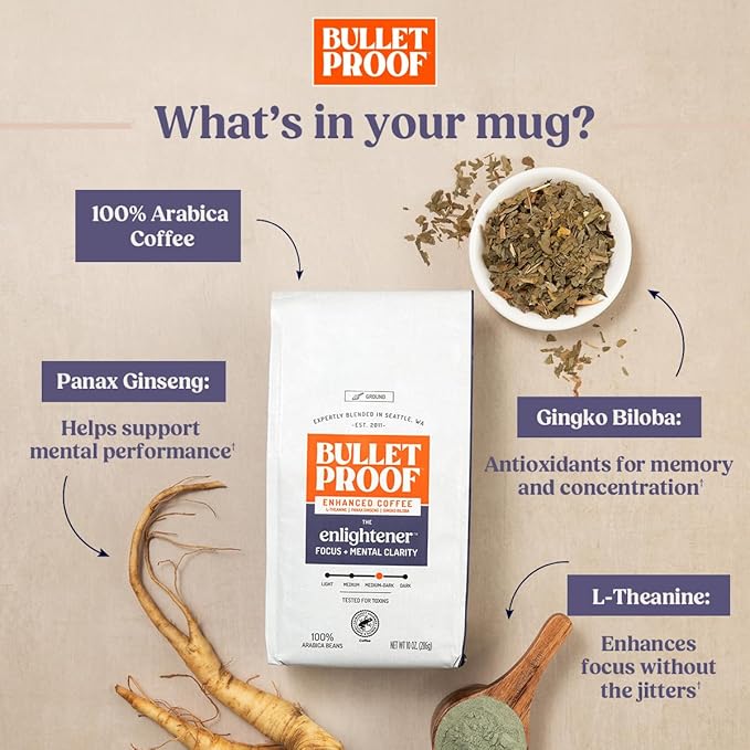 Bulletproof The Enlightener Coffee Pods, 24 Count, Medium-Dark Roast Enhanced Coffee with L-Theanine, Panax Ginseng and Gingko Biloba, Supports Mental Clarity, Focus, and Memory