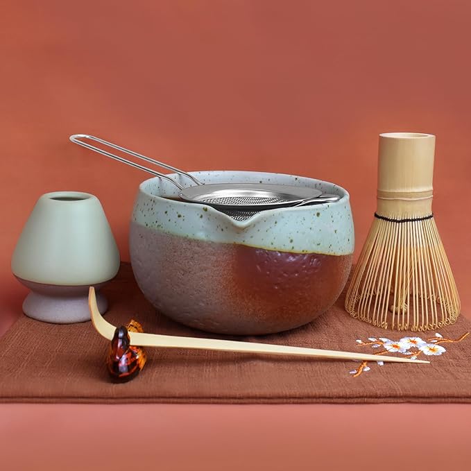 Artcome Matcha Tool Set– Bowl with Pouring Spout, Whisk, Whisk Holder, Tea Scoop, Matcha Strainer, Tea Spoop, Tea Scoop Holder, Tea Cloth – Traditional & Refined
