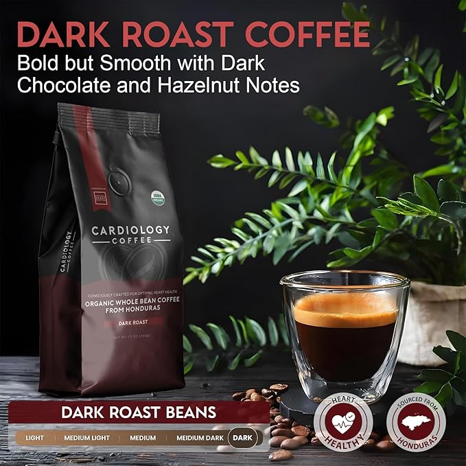 Cardiology Coffee – Whole Bean Coffee – USDA Certified Organic, Mold Free 12oz Premium Dark Roast Coffee Beans - Organic Espresso Beans with Antioxidant Benefits – Perfect for Heart Healthy Lifestyle