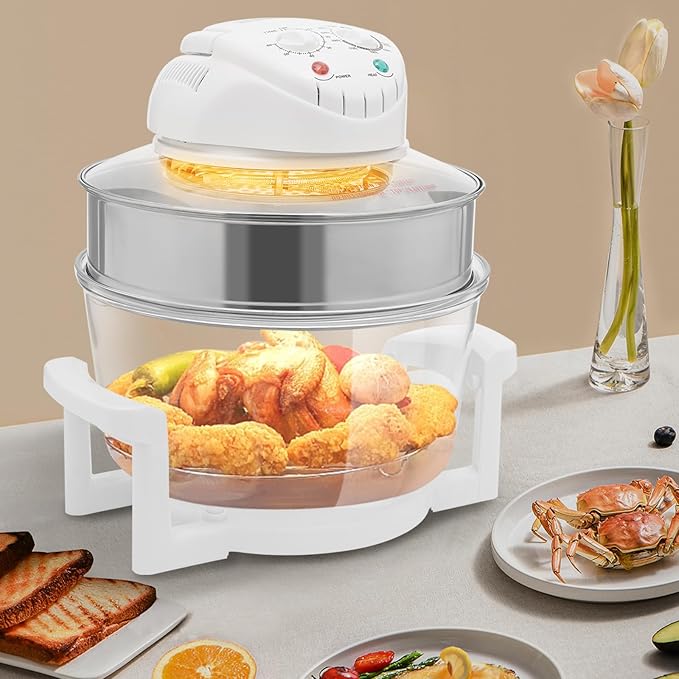 17L Glass Turbo Air Fryer, 1200W-1400W Electric Oven, Automatic Power Off/Knob Control, 360° Viewable Airy Fryer 110V for Baking, Frying, Roasting, Steaming