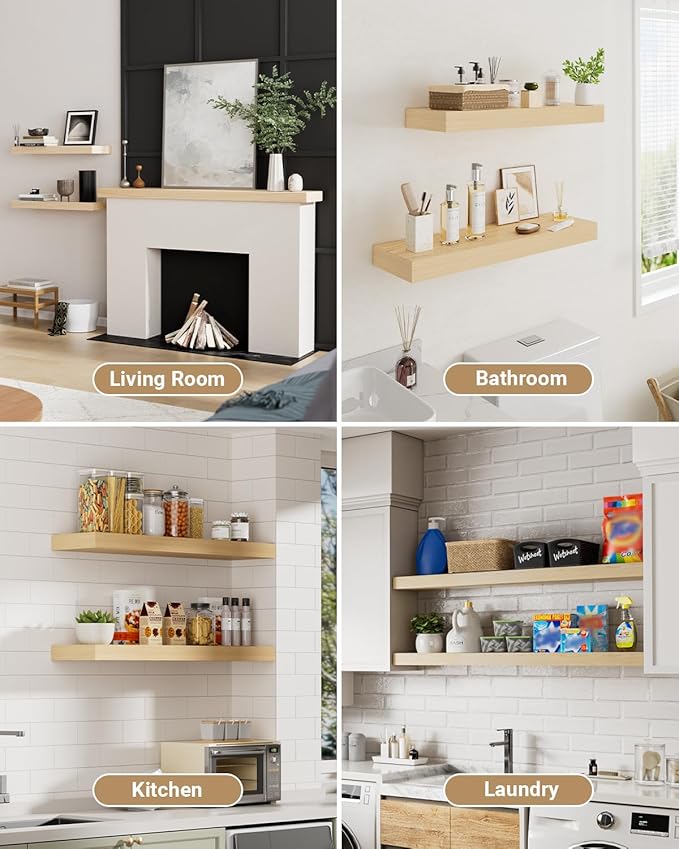 White Oak Floating Shelves, 2 Inch Thick Sturdy Wood Floating Shelves for Wall, 8 Inch Deep Shelves Over Toilet, 32 x 8 Wall Shelves for Kitchen Living Room Bathroom, 50LBS Capacity, 2-Piece