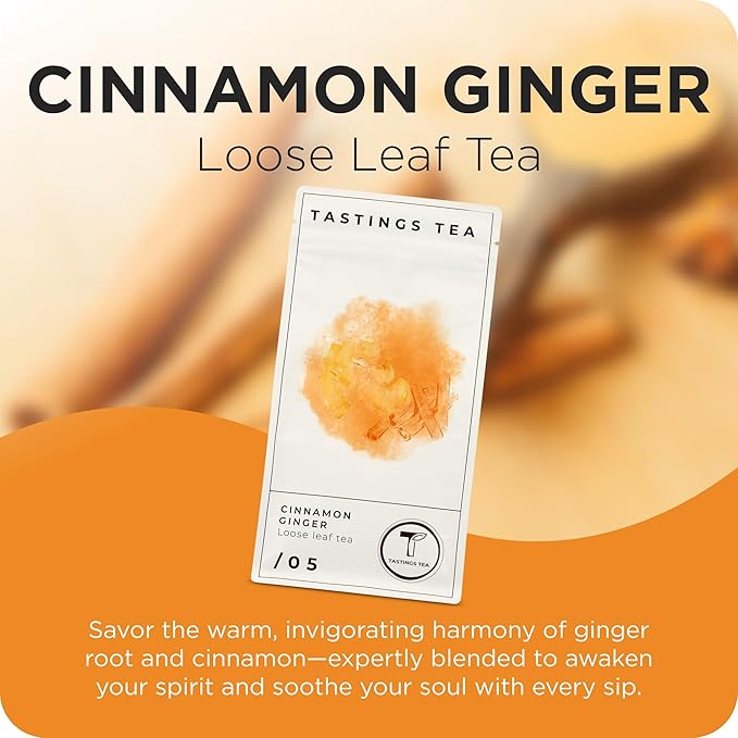Tastings Tea Cinnamon Ginger Loose Leaf, 8 oz | Winter Warming Herbal Spice Blend for a Seasonal Brew | Natural Antioxidants for Wellness | Small Batch & Sustainably Sourced | Resealable Pouch