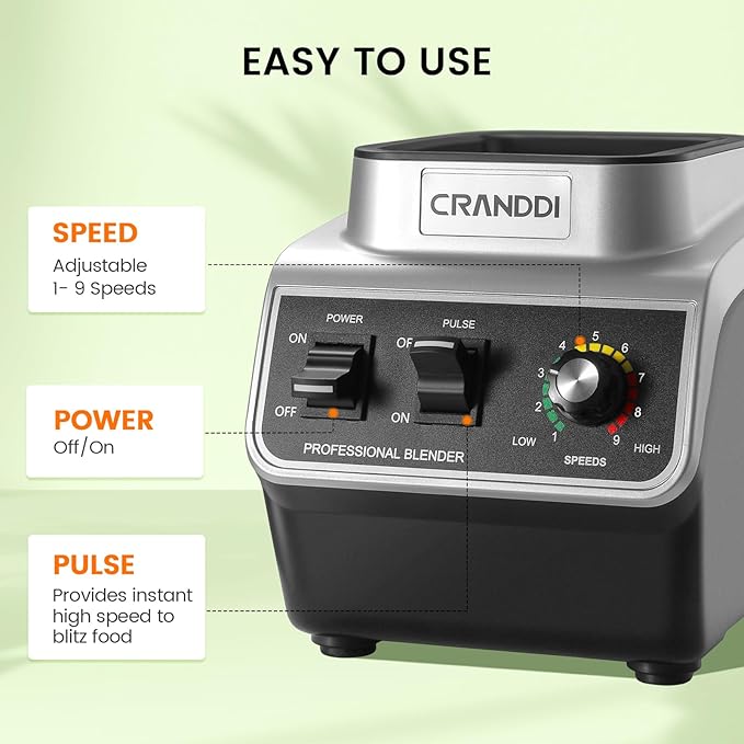 CRANDDI Professional Smoothie Blender, 80oz Countertop Blenders for Smoothies, Shakes & Ice Crushing, 1500W Compact Commercial Kitchen Blender with Stainless Steel Blade, 120V, K96