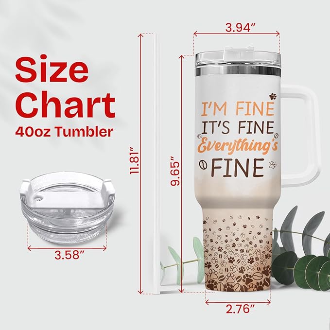 34HD Tuxedo Cat Tumbler 40oz Stainless Steel with Handle and Straw, It's Fine I'm Fine Mug, Funny Cat Travel Mug, Mothers Day Gifts for Tuxedo Mom