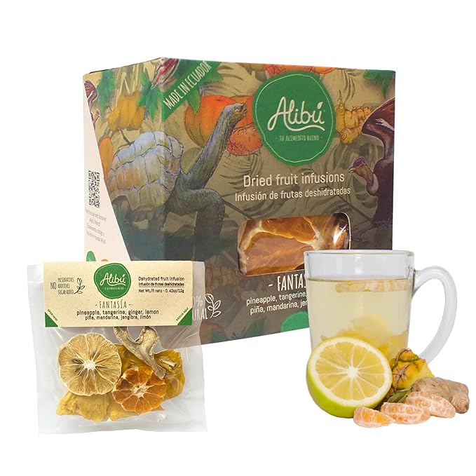 Alibú Dried Fruit Tea Infusions - Fantasia - Pineapple, Lemon, Ginger, Tangerine - Dried Fruit Drink – Vegan, Gluten Free, 100% Natural, Caffeine Free - Box of 2.12 oz (Fantasia)