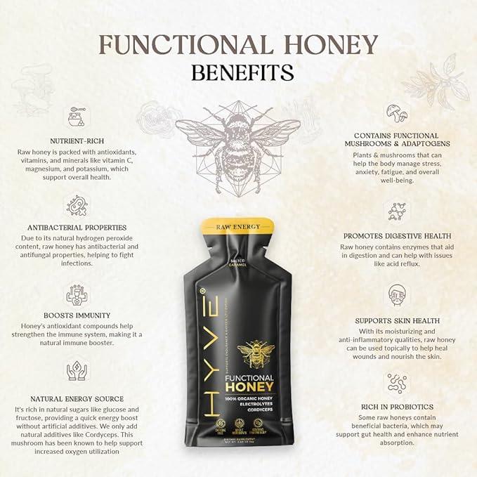 HYVE Functional Pre-workout Honey – Caffeine Free Raw Energy Packets with Organic Cordyceps Mushrooms, Volcanic Sea Salt & Organic Honey – Energy Boost with Natural Adaptogens, Pack of 15 Sachets, Sweet & Salty