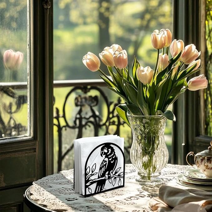 Parrot on Branch Decorative Black Metal Napkin Holder for Table, 4.9" x 5.3" x 1.9" Parrot Bird Standing Napkin Holder for Home Kitchen Restaurant Picnic Party Coffee Bar Room