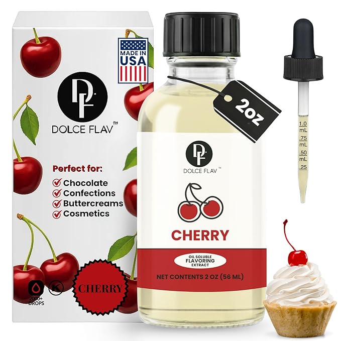 Dolce Flav Cherry Extract – 2 Ounce Oil-Soluble Kosher, Sugar-Free, Concentrated Fruity Flavor for Candy, Chocolates & Desserts, Includes Measured Dropper
