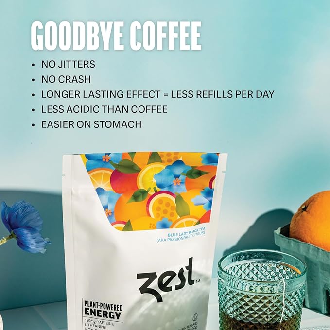 Zest Energy Tea Bags – Blue Lady Passion Fruit Black Tea – High Caffeine Tea for Morning Energy, Focus & Clarity – Natural Caffeinated Tea with 150mg Caffeine – 20Ct Pack – Non-GMO & Keto Friendly
