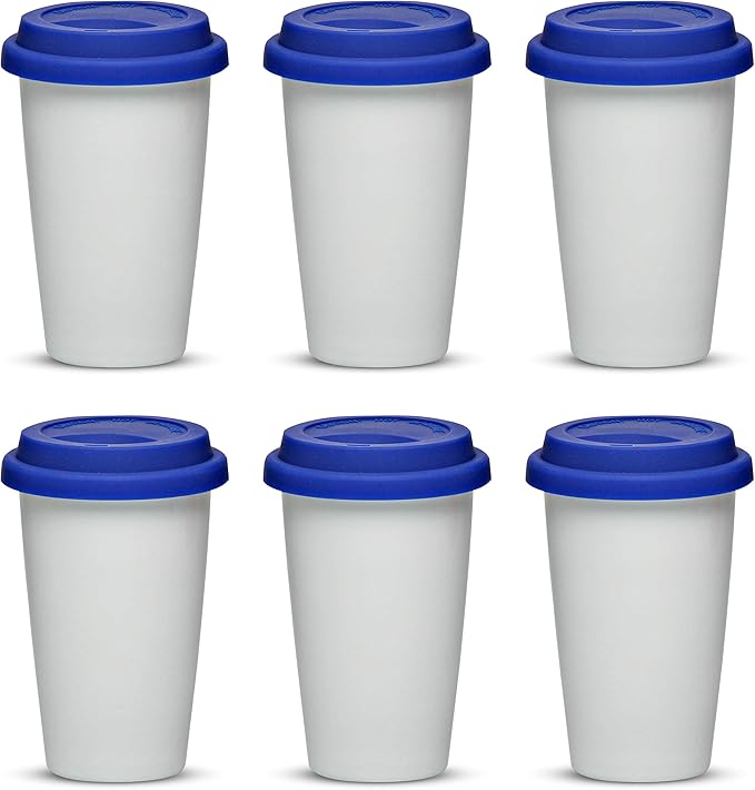 DISCOUNT PROMOS 11 oz. Double Wall Ceramic Tumblers with Lid - 6 Pack - Blue