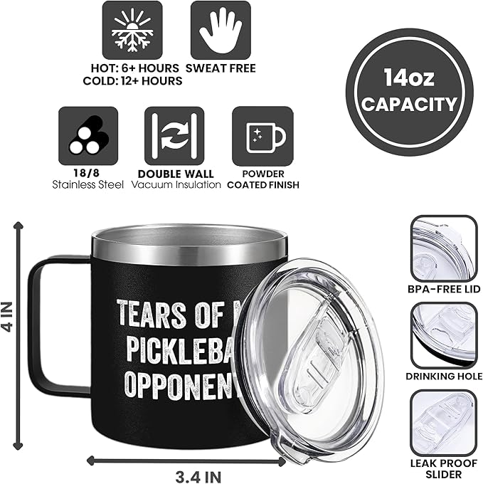 Pickleball Gifts for Women - Gifts for Pickleball Lovers, Women, Mom, Grandma, Girlfriend, Wife, Her - Tears of My Opponents Gift - 14 Oz Black Stainless Steel Coffee Mug with Lid