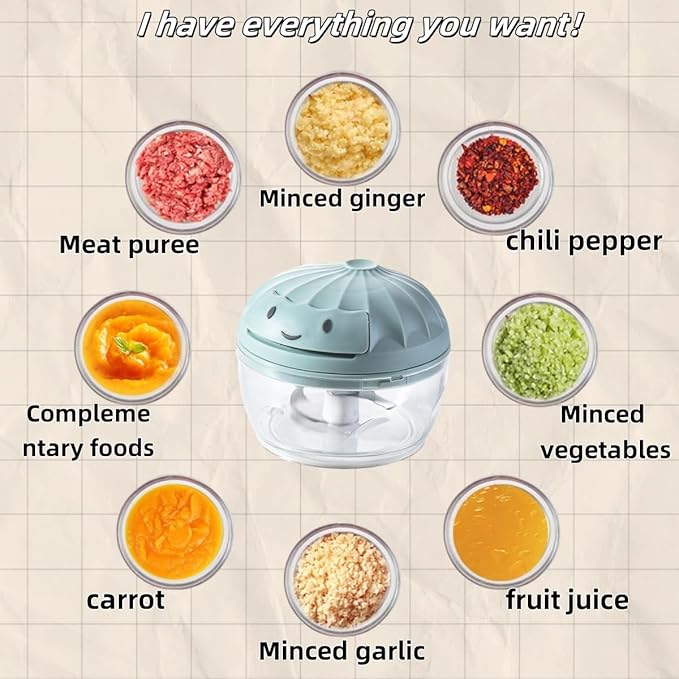 Manual Food Processor Vegetable Chopper, Mini Hand Pull String Garlic Chopper Onion Cutter for Veggies, Ginger, Fruits, Nuts, Avocado, garlic etc., Food Safe Material, 160ml (blue)