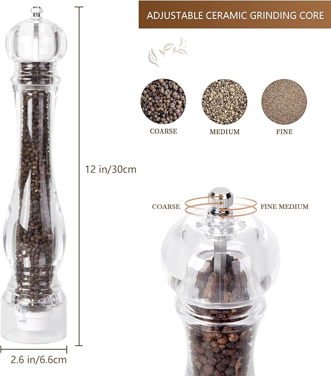 LHS 12 Inch Pepper Mill Grinder Salt Grinder, Arcylic Peppercorn Grinders with Adjustable Coarseness-Clear