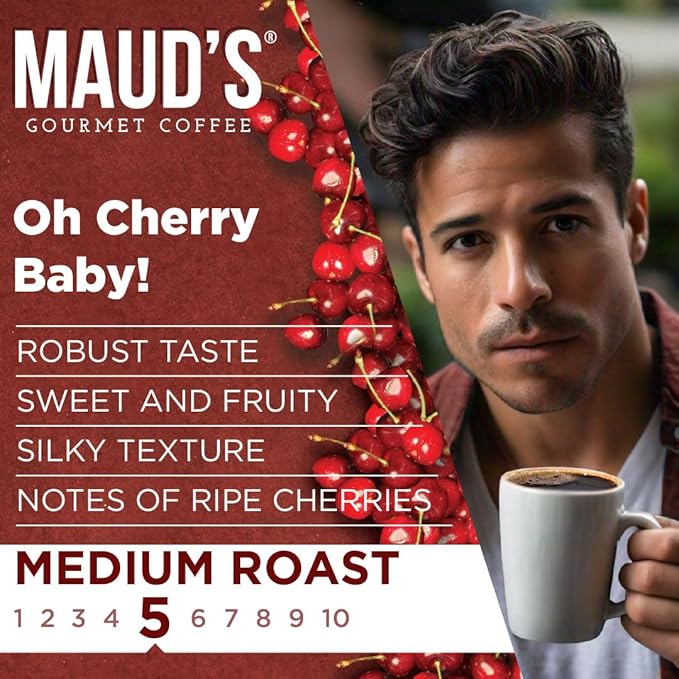 Maud's Cherry Flavored Coffee Pods, 18 ct, Medium Roast Flavored Coffee in Recyclable Single Serve Pods – 100% Arabica Beans, Compatible with Keurig K Cups Maker