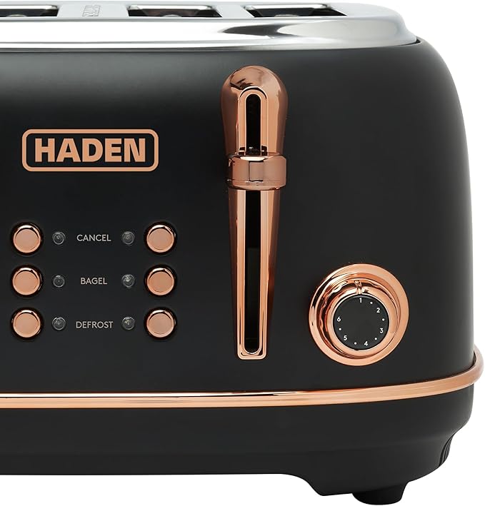 HADEN Heritage 4-Slice Toaster with Extra Wide Slots, 1500-Watt, Black & Copper - Retro Stainless Steel Design with Self-Centering Function, Adjustable Browning Control & Removable Crumb Tray