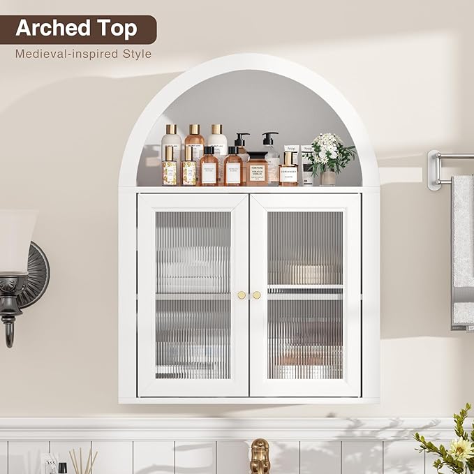 Arched Bathroom Cabinet, Wall Mounted Bathroom Cabinet with Acrylic Doors and Adjustable Shelf, for Kitchen, Living Room, Laundry Room, Restroom, White