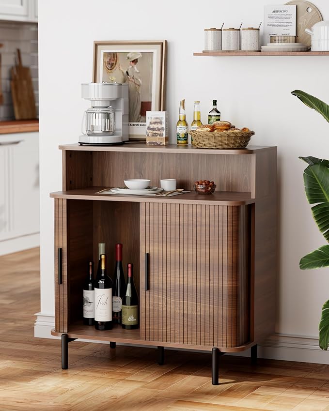 SUNCOZE Fluted Storage Cabinet with Sliding Tambour Doors, Sideboard Buffet Cabinet with Storage, Modern Accent Coffee Bar for Kitchen, Entryway, Living & Dining Room (Walnut)