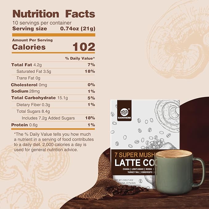 7 in 1 Mushroom Coffee Mix, Instant Latte Coffee Blend Nootropic Cafe Complex with Reishi, Lion’s Mane, Chaga, Turkey Tail, Maitake, Cordyceps for Energy Focus Immune Boost (10 Servings)