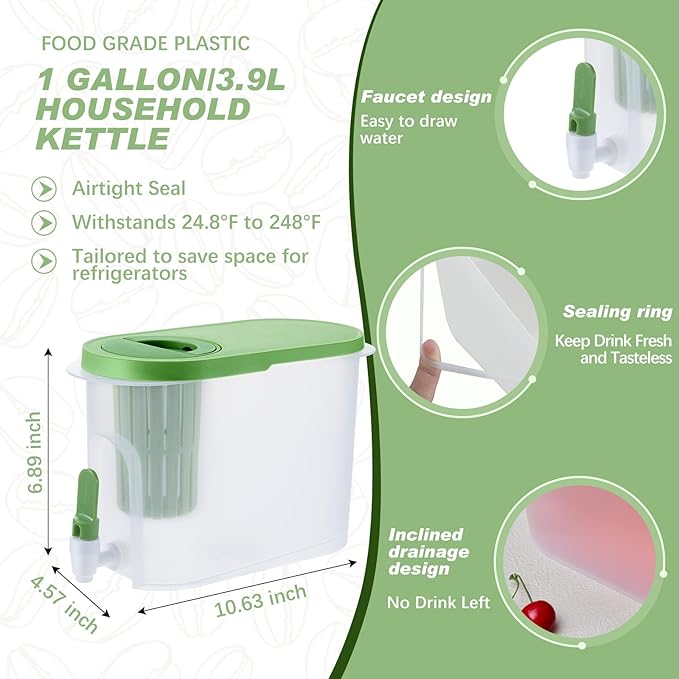 2 Pcs Cold Brew Maker, 1 Gallon Plastic Beverage Dispenser for Parties and 2 Filters, Christmas Drink Dispenser, Cold Brew Pitcher with Spigot, Container for Juice, Water, Tea(Green)