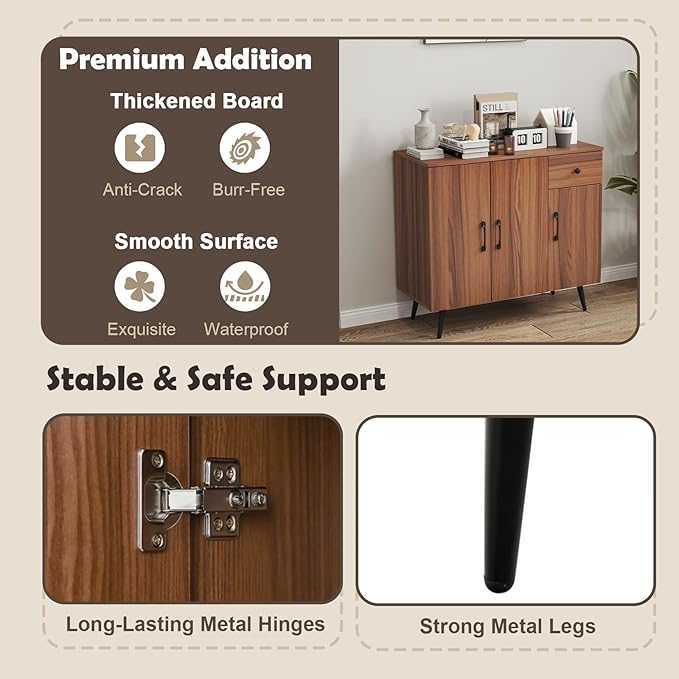 Buffet Cabinet with Storage, Sideboard Cabinet with Drawers, Kitchen Storage Cabinet w/Doors & Shelves, Farmhouse Buffet Table, Bar Cabinet for Kitchen, Dining Living Room, Entryway (3 Doors)