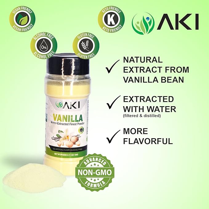 AKI Vanilla Water Extracted Powder From Authentic Beans for Flavoring, Cooking, Baking & Smoothies - Sugar Free & Alcohol Free - Added 2% Monk Fruit Sweetener - Non-GMO & Vegan (2.11oz/60g)