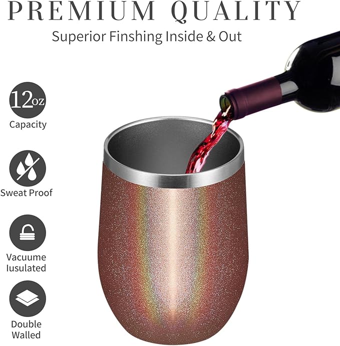 MEWAY 12oz/8 Pack Wine Tumbler Glasses with Lid - Stemless Double Wall Vacuum Stainless Steel Glitter Tumbler - Keeping Cold & Hot Cup for Coffee,Gift for Women(Rainbow Rose Gold,Set of 8)