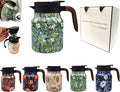 Vintage Floral Pattern Teapot, Doresty Tea Pot, Vintage Floral Pattern Tea-Built-In Infuser, Stainless Steel Thermal Carafe with Lid for Hot Drinks (Green, Wooden handle)