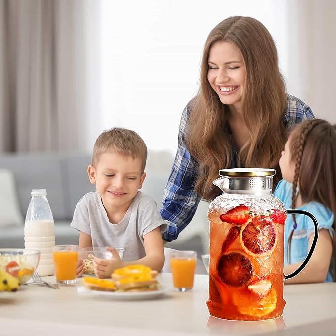 2 Liters/68 oz Glass Pitcher with Lid and Handle for Fridge,2 PACK Large Hot Cold Water Carafe for Cold Brew,Coffee,Lemonade,Iced Sun Tea,Beverage,Milk,Heat Resistant