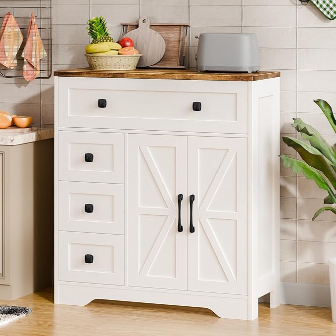 Vabches Farmhouse Storage Cabinet with 2 Doors and 4 Drawers, Freestanding Bathroom Storage Cabinet Kitchen Pantry, Floor Hutch Cupboard for Living Room/Bathroom/Kitchen,(Antique White)