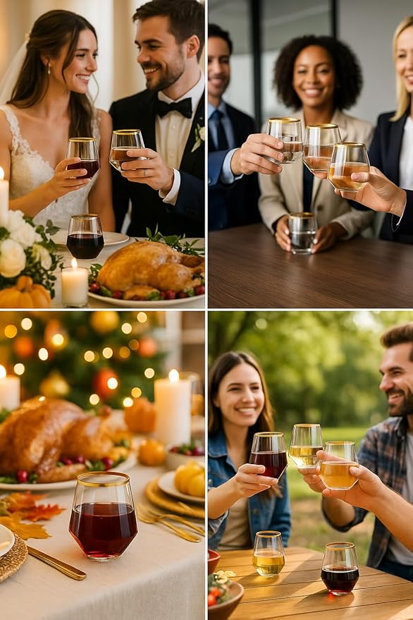 Oojami 40 count Diamond Unbreakable Stemless Plastic Wine Champagne Whiskey Glasses Elegant Durable Disposable Indoor Outdoor Ideal for Home, Office, Bars, Wedding, 12 Ounce Cups Gold Rim (Gold)