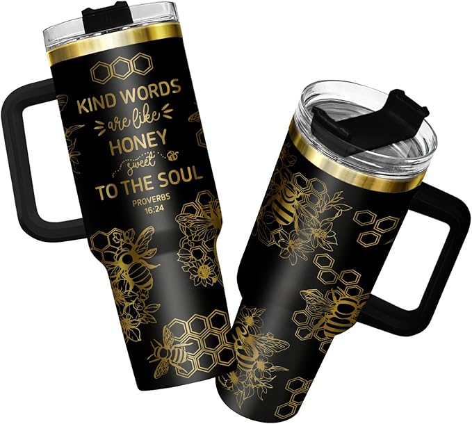 34HD Honey Bee Tumbler with Handle & Straw, 40oz Stainless Steel Vacuum Insulated Christian Coffee Mug, Bee Gifts for Birthday Mothers Day Christmas, Gifts for Women Teachers Mom Daughter Friend