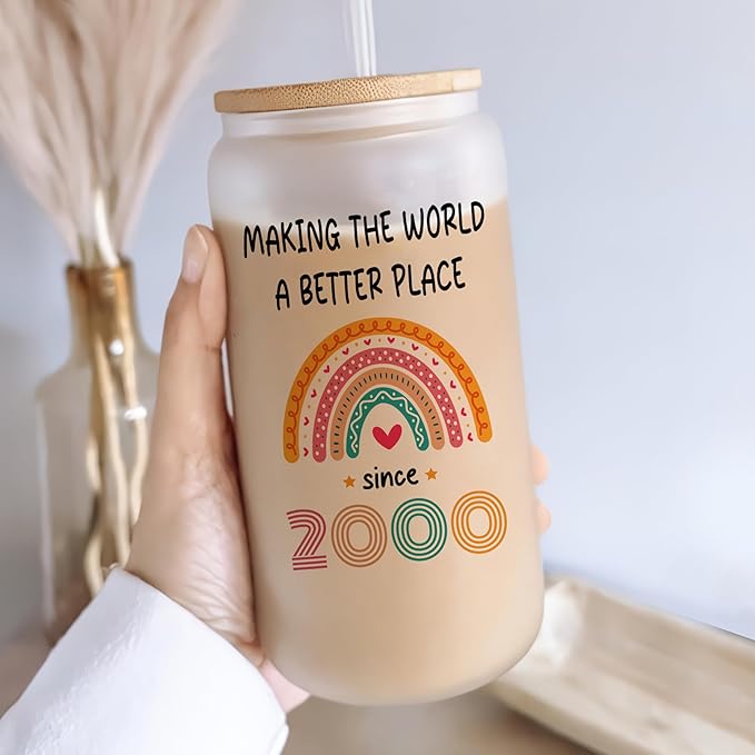 Vivulla68 25th Birthday Gifts For Her Him - Gift For 25 Year Old Female - Gifts For 25 year Old Woman Man - 25th Birthday Gifts Ideas - 25th Frosted Glass With Lid And Straw