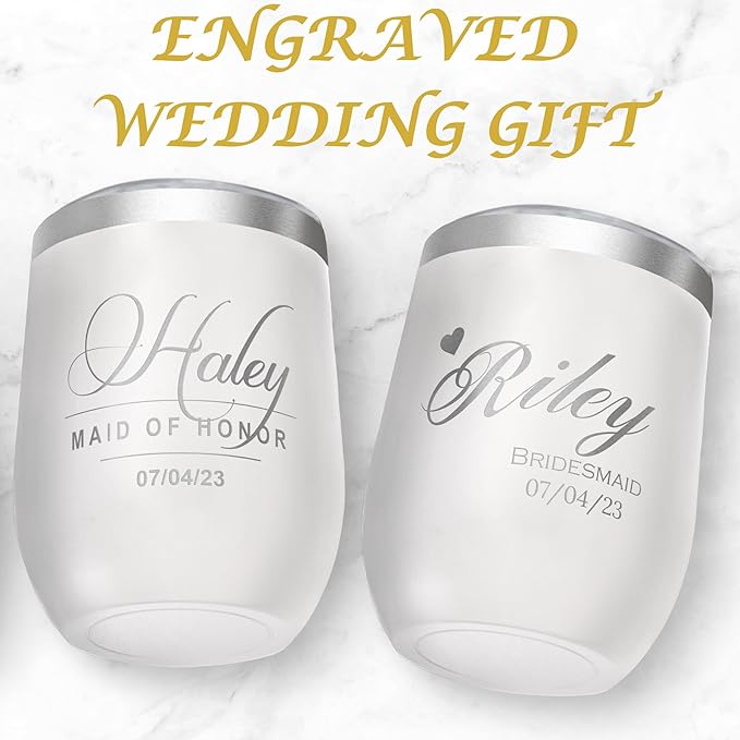 Gifts Inscribed Personalized Wine Tumbler with Lid – White Custom Engraved Stainless Steel Insulated Mug for Hot & Cold Drinks – Customized Bridesmaid, Wedding, or Birthday Gift