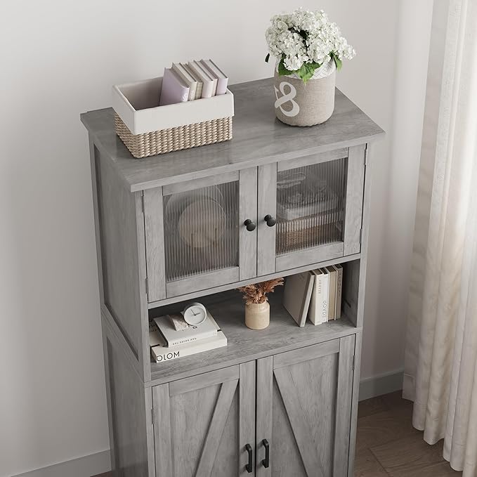 Storage Cabinets, 54 Inch Tall Hutch Bar Cabinet with Glass Doors and Adjustable Shelves, Wooden Kitchen Pantry Storage Cabinet, for Living Room