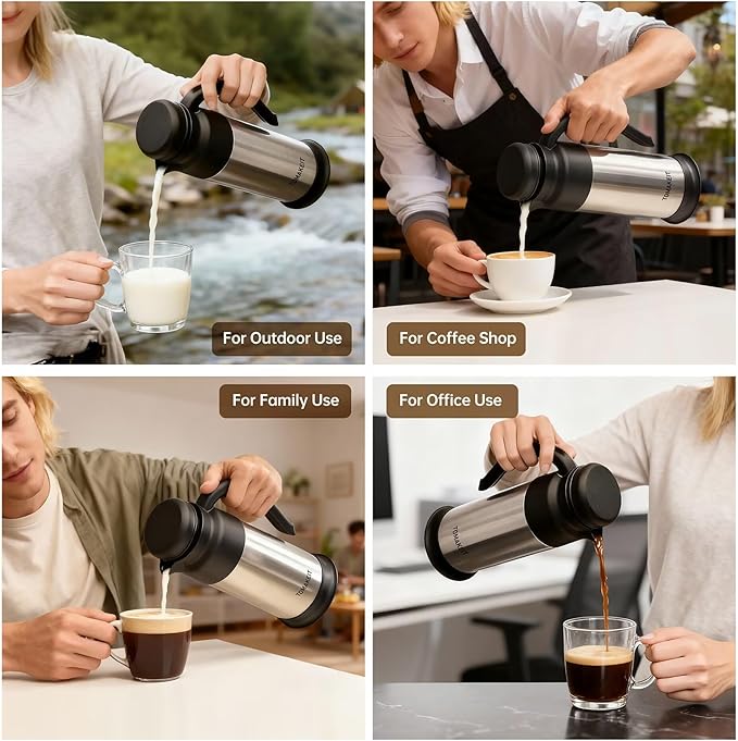 Creamer Pitcher for Coffee,1L/34 Oz Thermal Coffee Carafe,Stainless Steel Coffee Carafes for Keeping Hot and Cold,Double-Wall Design,12-Hour Hot & Cold,Leak-Proof, Portable for Travel,Camping,Office