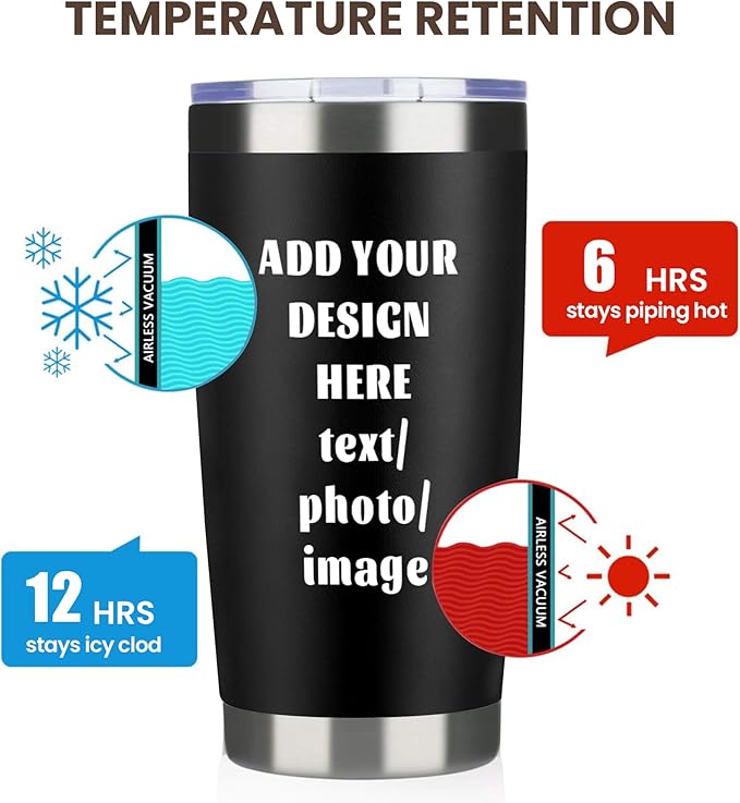MEWAY Personalized Custom 20oz Stainless Steel Tumbler with Lid, Insulated Double Wall Vacuum Travel Coffee Tumbler Gifts with Text Photo Logo (Black, 1pack)