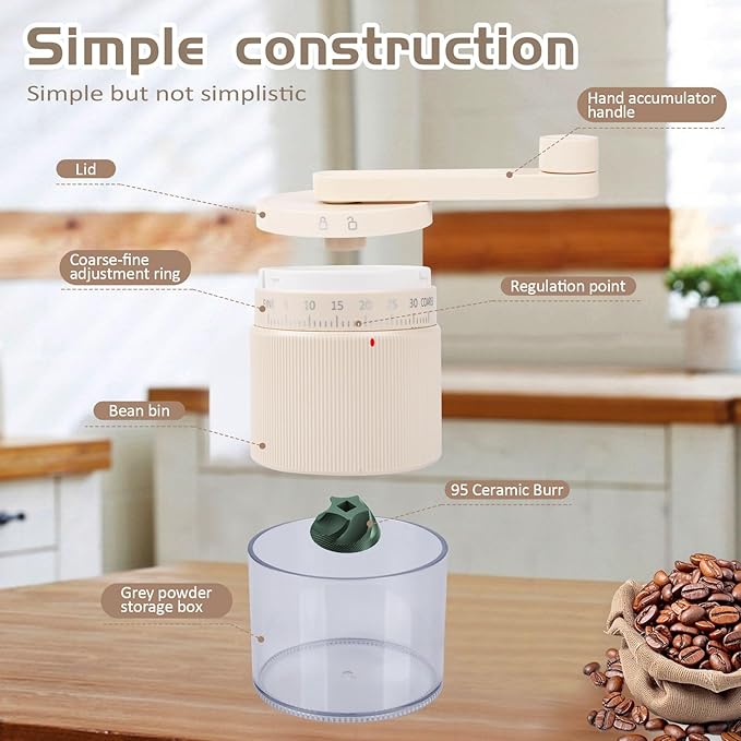 Mini Manual Coffee Grinder, 95 Ceramic Burr, Adjustable Coarse to Fine, 30g Bean Capacity with 80ml Powder Chamber, Detachable Handle Portable Grinder for Espresso, French Press, Travel & Camping，Pink