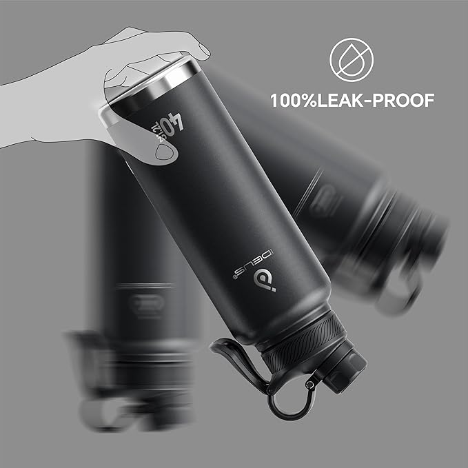 IDEUS Insulated Stainless Steel Water Bottle with 2 Leak-Proof Lids, Thermal Water Flask for Hiking Biking, Double Wall Insulation, 40oz, Black