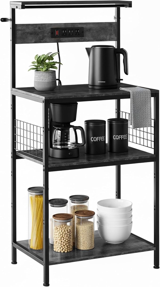 Simple Deluxe Kitchen Bakers Rack with Power Outlet, Coffee Bar Accessories Table, 4-Tier Adjustable Storage Shelf for Spices, Freestanding Appliance Organizer, 23.6 Inch, Gray