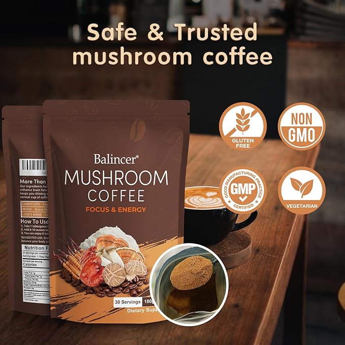 Mushroom Coffee, 6 Adaptogenic Mushrooms with Lion's Mane, Cordyceps, Turkey Tail & More, Instant Mushroom Coffee for Focus, Energy, Immune & Digestion Support
