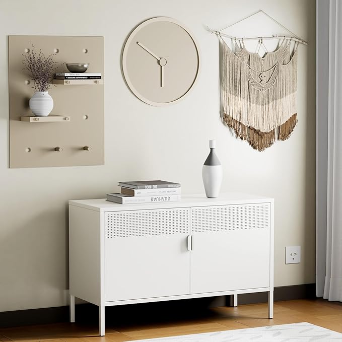 Metal Storage Cabinet with Doors,White Accent Cabinet,Metal Locker Storage Cabinets,2 Door TV Media Stand with Removable Shelves for,Home,Office,Entryway,Living Room