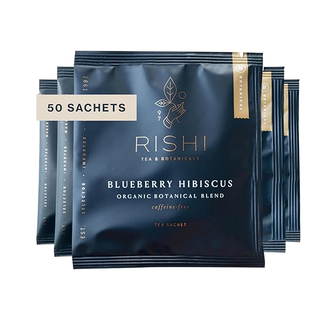 Rishi Tea Blueberry Hibiscus Herbal Tea - Organic, Caffeine Free Sachet Bags, Sweet & Tangy with Antioxidants, Enjoy Hot or Iced - 50 Count