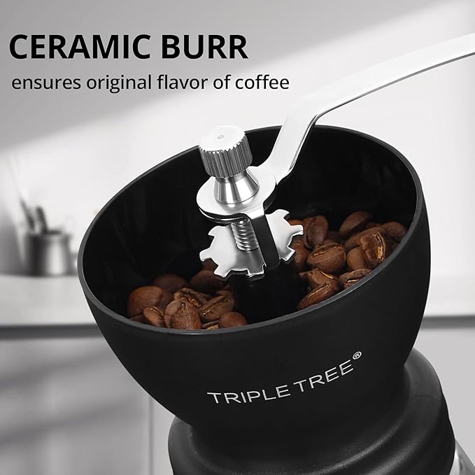 Manual Coffee Grinder with Ceramic Burrs and Lengthen Stainless Steel Handle, Hand Coffee Mill with 2 Glass Jars(11oz each), Brush and Tablespoon Scoop, Coffee Bean Grinder for Home, Camping, Black
