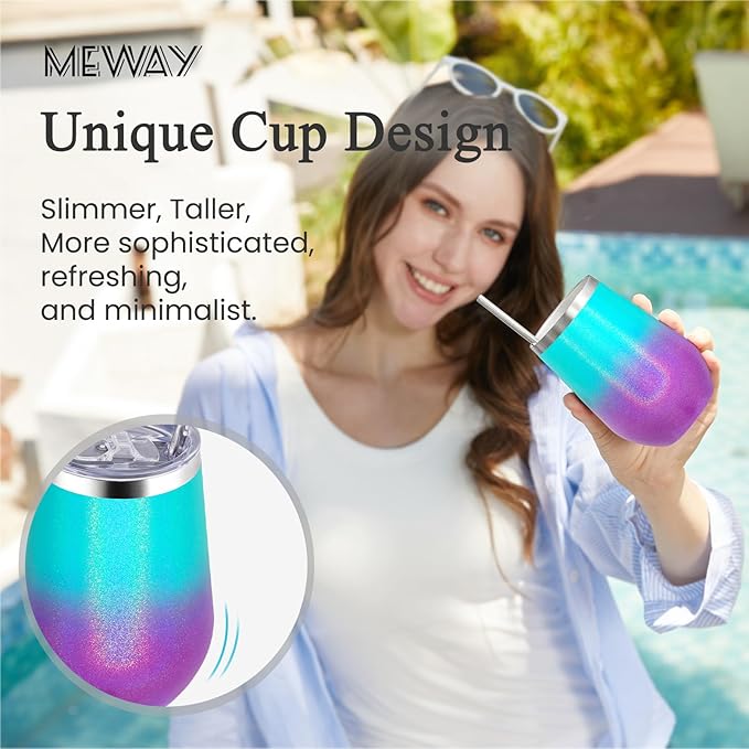 MEWAY 12oz Insulated Wine Tumbler Set of 4 - Double Wall Stainless Steel Stemless Wine cups Glasses with Lids, Gift for Family and Gifts, Prizes for adults(Glitter Aurora,Set of 4)