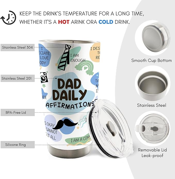 Dad Daily Affirmations 20oz Travel Coffee Mug Tumbler, New Dad Father Daddy Gifts for Christmas from Daughters Sons, Dad Birthday Gifts,Fathers Day Stainless Steel Tumbler with Lid and Straw