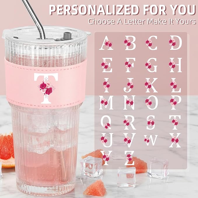 Personalized Gifts for Women,20oz Ribbed Glass Tumbler,Monogrammed Gifts for Women,Birthday Gift,Ice Coffee Mug,Christmas Gift for Mom Sister-T