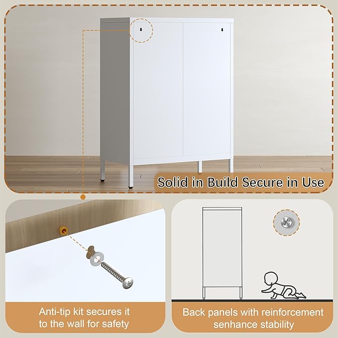 Metal Storage Cabinet with Drawer and Adjustable Shelf, White Steel Sideboard Buffet Cabinet, 35.4" H Coffee Bar Cabinet for Kitchen, Dining Room, Entryway