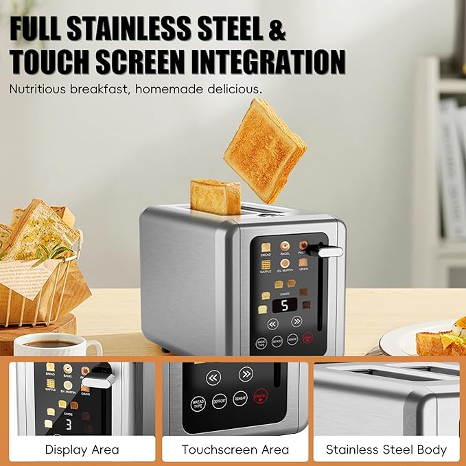 2 Slice Toaster,Touchscreen & Dual Independent Control Panel,5 Basic Functions & Digital Countdown Toasters,6 Shade Settings＆6 Bread Types,Smart Bread Maker Mute/Screen-Off,Platinum