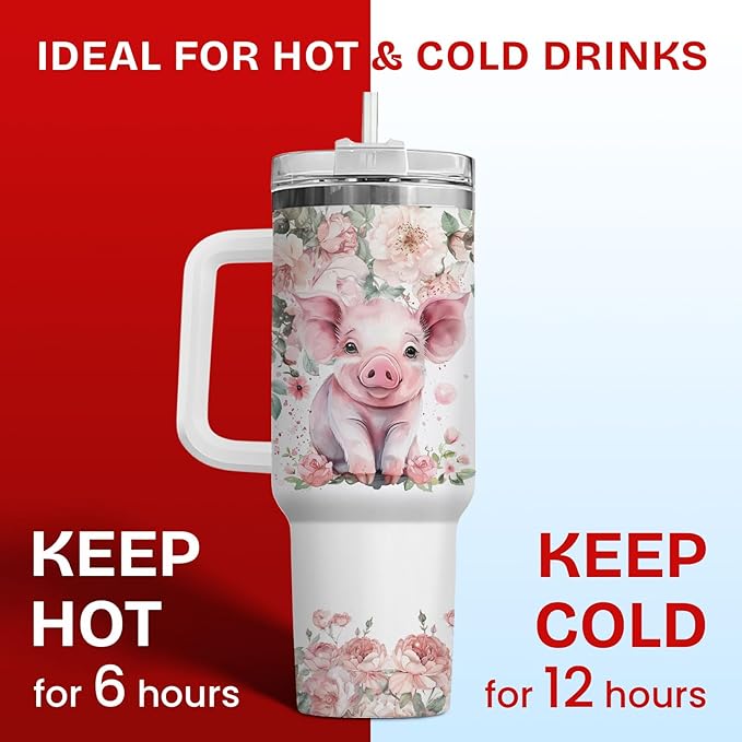 34HD Pig Tumbler with Handle & Straw, 40oz Just A Girl Who Loves Pigs Coffee Mug, Pig Lover Gifts for Birthday Christmas, Farm Animal Gifts for Women