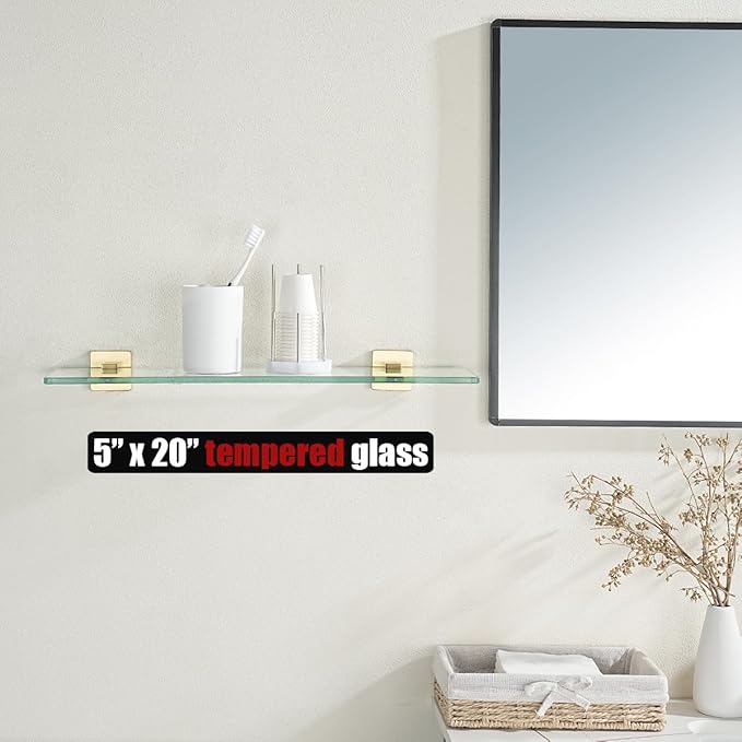 JQK Bathroom Glass Shelf, Floating Tempered Glass Shower Storage 20 by 5 inches, 304 Stainless Steel Brushed Gold Wall Mount 2 Pack 2 Pack, TGS201L20-BG-P2